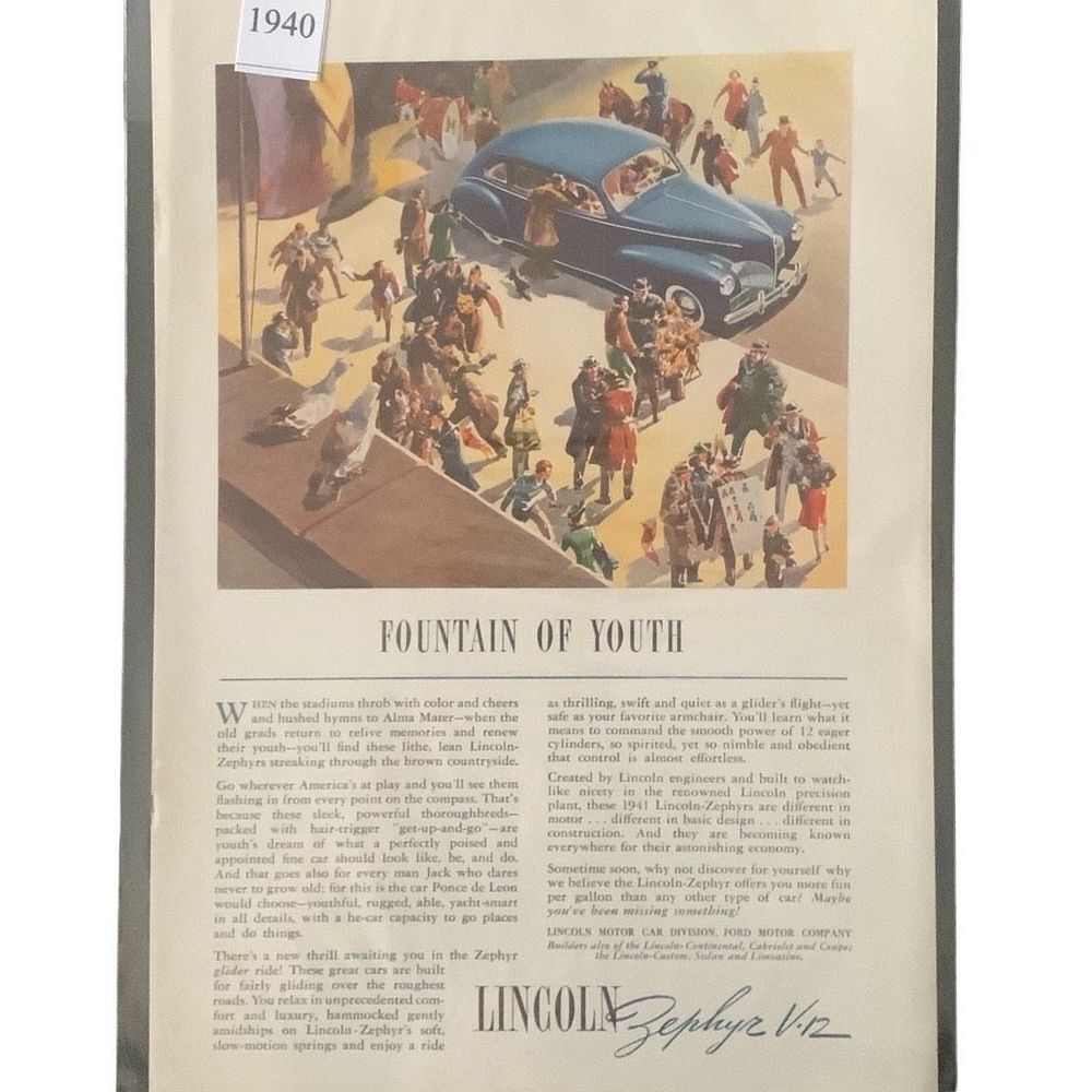 Vintage 1940 Lincoln Zephyr V-12 Fountain of Youth Ad Advertisement